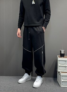 春季潮牌胖子直筒卫裤加肥加大青少年垂感宽松束脚裤反光线条设计