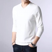 T恤内搭体恤潮流弹力上衣修身 男V领长袖 纯白色打底衫 春秋冬季
