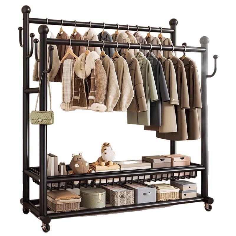 挂衣架卧落地用房间室室内双杆晾晒家衣服架子动可移带筐衣帽多功