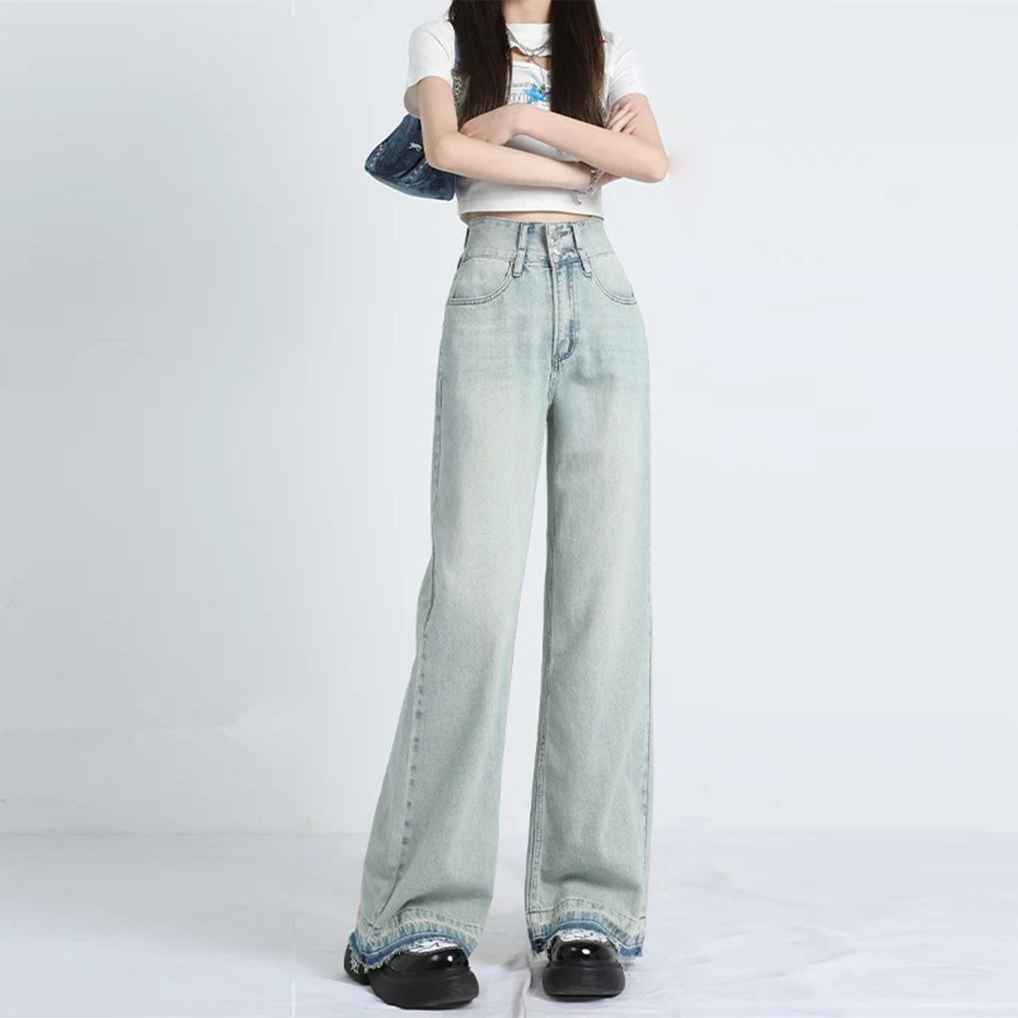浅色高腰做旧阔腿显瘦牛仔裤女式