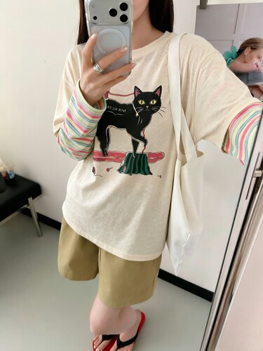 韩版猫咪拼接条纹假二件女T恤