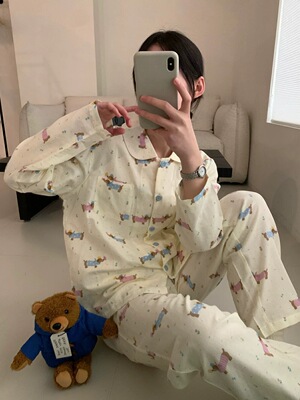 100%棉）Dum家韩国东大门 可爱卡通腊肠狗印花睡衣套装家居服T10