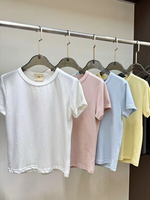 夏季鸡蛋家纯色修身圆领短袖T恤