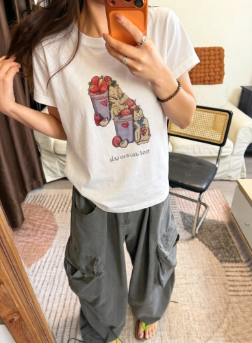 早夏猫咪印花宽松短袖T恤