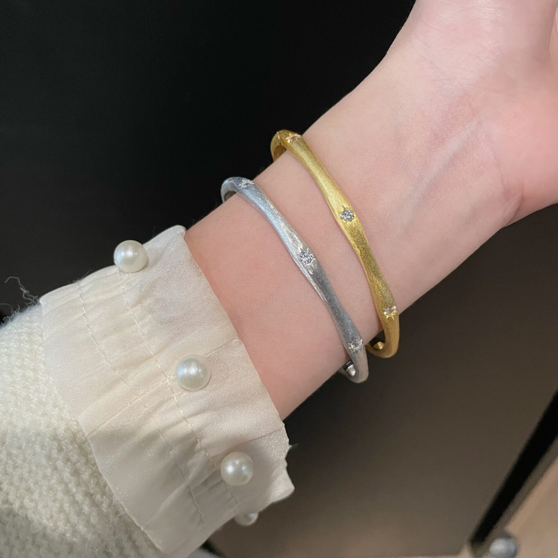 S925纯银哑光磨砂星芒金属竹节开口手镯女轻奢复古优雅时尚百搭