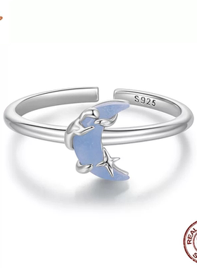 时予原创夜光石月亮开口戒指通体s925纯银浪漫神秘感月光戒指手饰