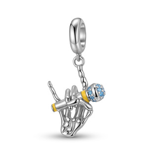 S925纯银骷髅手ROCK麦克风吊坠小众设计感个性 手链diy饰品配件