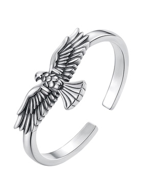 新款s925银复古雕刻老鹰开口戒指男女个性做旧动物指环戒指时尚