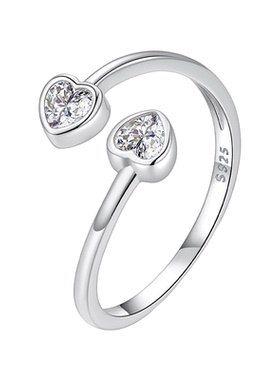 时予新款通体s925纯银双爱心开口戒指情人节礼物心形戒指手饰个性