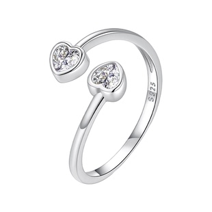 时予新款通体s925纯银双爱心开口戒指情人节礼物心形戒指手饰个性