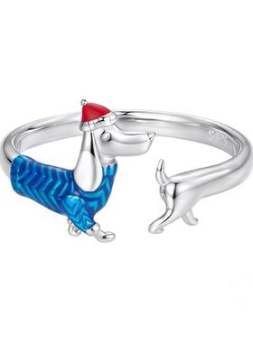 时予热卖款圣诞节腊肠狗开口戒指流行通体s925纯银戒指手饰厂家