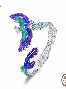 时予原创灵动凤凰开口戒指通体s925纯银优雅高贵珐琅羽翼戒指手饰