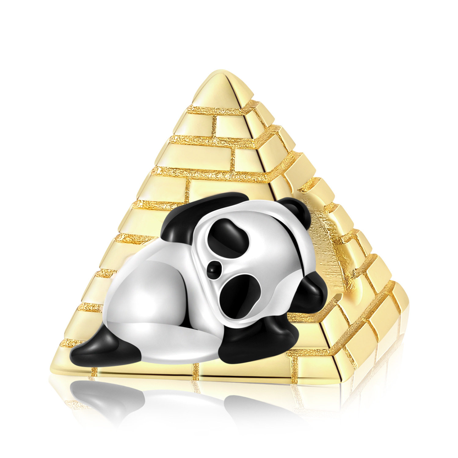 创意劈叉金字塔熊猫串珠S925纯银分色电镀14K金滴油珠子手链配件
