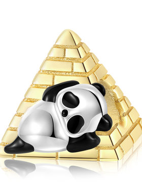 创意劈叉金字塔熊猫串珠S925纯银分色电镀14K金滴油珠子手链配件