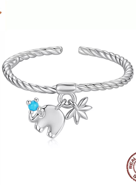 时予原创大象莲花麻花开口戒指嬉戏小象通体s925纯银动物戒指手饰