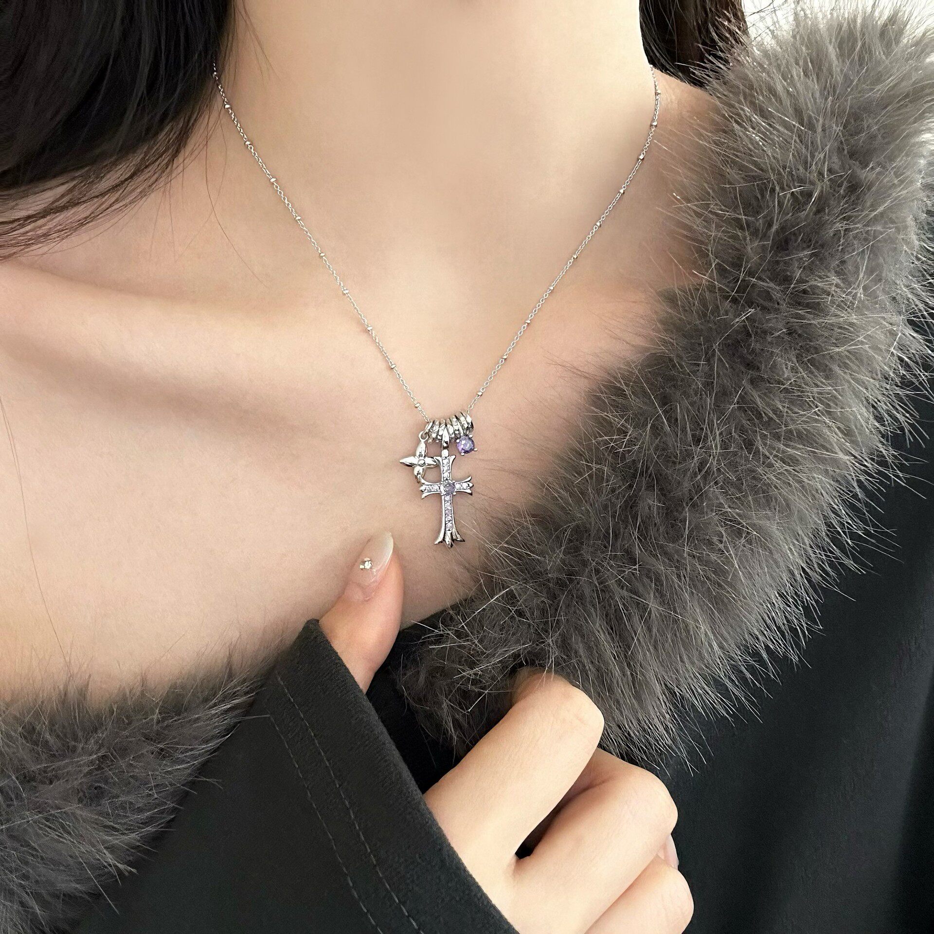 S925纯银潮酷跨境欧美个性ins风十字花套链百搭休闲高级感女项链