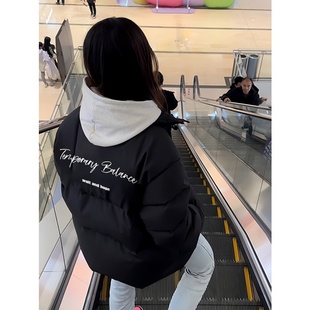 美式黑色短款羽绒棉服女大童冬季初中高中学生宽松面包服外套棉袄