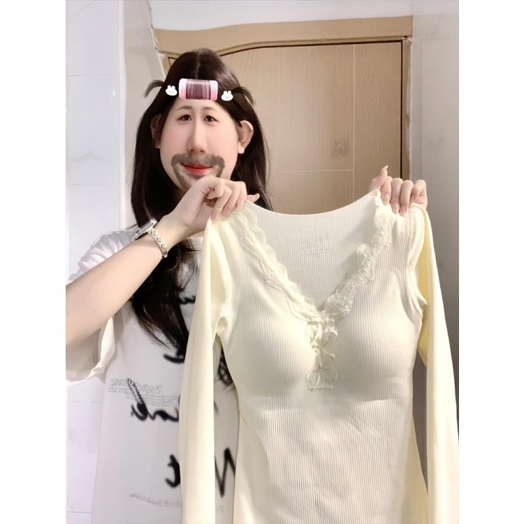 蕾丝花边带胸垫v领打底衫女秋冬修身收腰加绒内搭长袖t恤保暖上衣,女装/女士精品,T恤,淘宝优惠券,粉丝福利购,淘宝优惠卷