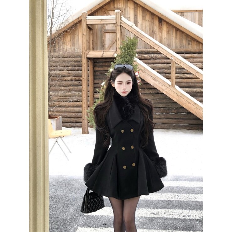 女装冬季复古双排扣蓬蓬裙连衣裙