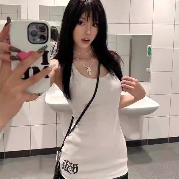 美式辣妹中长款白色背心无袖t恤女春夏2025新款内搭外穿打底上衣