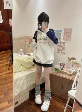 2025新款白灰色韩版百搭秋冬重磅个性原创印花撞色拼接连帽卫衣女