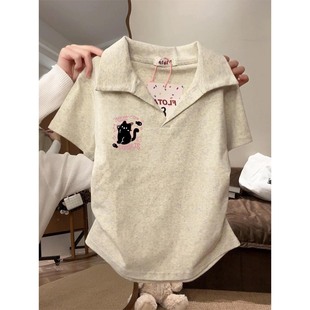 显瘦短款 2025夏季 t恤女修身 新款 上衣 正肩polo领可爱猫咪印花短袖
