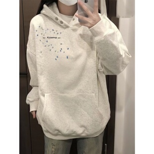 美式高街纯棉白灰色连帽卫衣女大童秋冬爆款初中学生宽松加绒外套