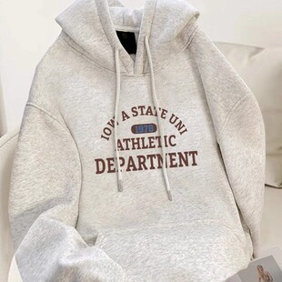 白灰色潮牌连帽卫衣女款2025新款爆款秋冬季韩版宽松上衣加绒外套