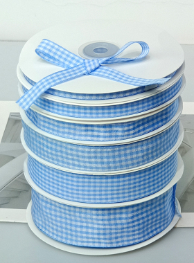 小清新湖蓝色格子丝带手工diy烘焙鲜花礼盒包装双面发饰服装辅料