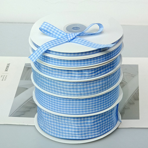 小清新双面湖蓝色格子丝带