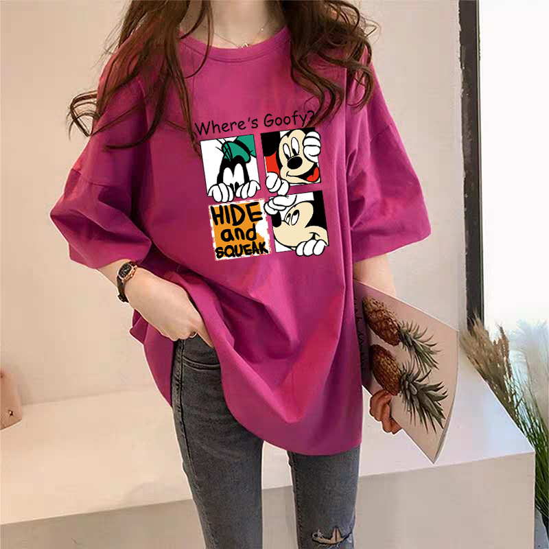 中长款T恤短袖女ins潮2020年夏季新款半袖大版宽松米奇玫红色上衣