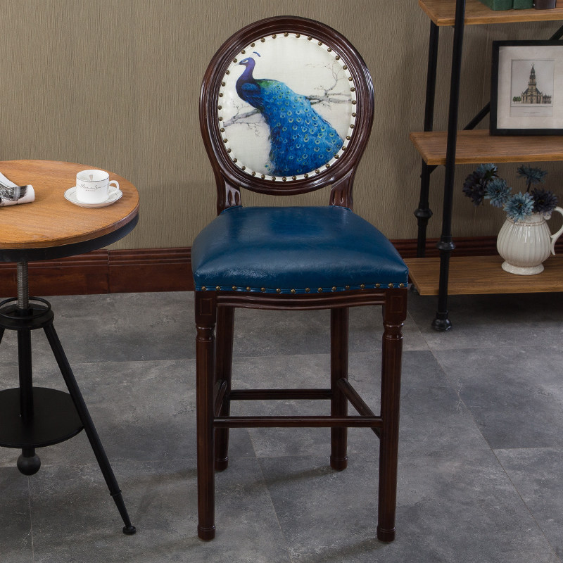 美式吧台椅欧式高脚凳家用实木酒吧椅复古靠背椅真皮轻奢高椅