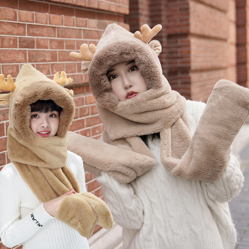 冬季新款加厚围脖连帽女保暖防风帽子亲子儿童皮草V鹿角毛绒套头
