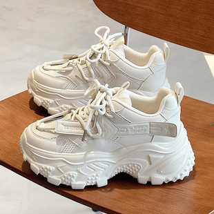 真皮老爹鞋女小个子增高2025夏季新款厚底网面韩版轻便运动休闲鞋