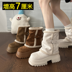 小个子厚底复古加绒短靴 新款 7cm增高中筒毛边雪地靴女款 2025冬季