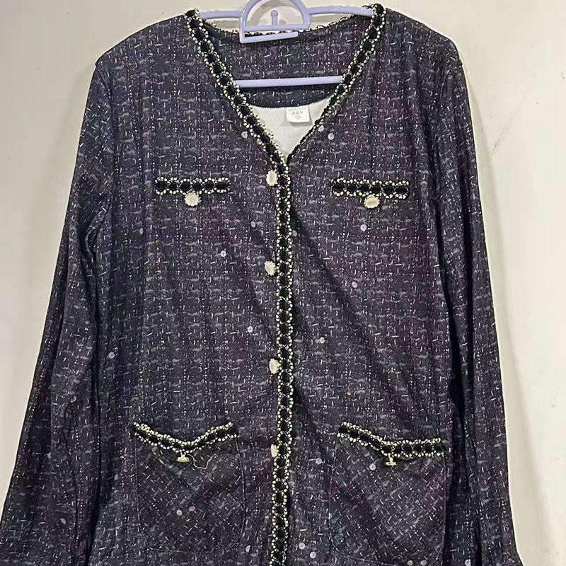 小香风亮片外套女长袖V领设计感百搭深灰色上衣睡衣