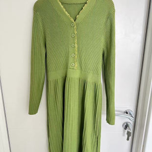 收腰花边领绿色长裙 修身 二手闲置 简约风V领针织连衣裙女长袖