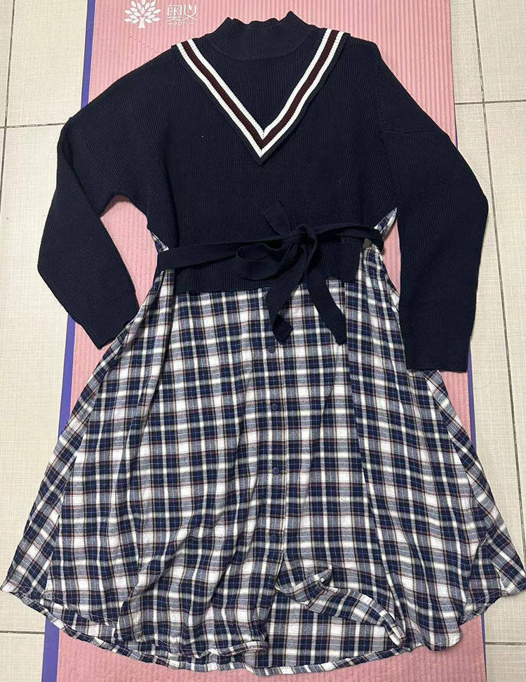 二手闲置茵 1893101616女士提花毛衣拼格子裙英伦学院风假两件套