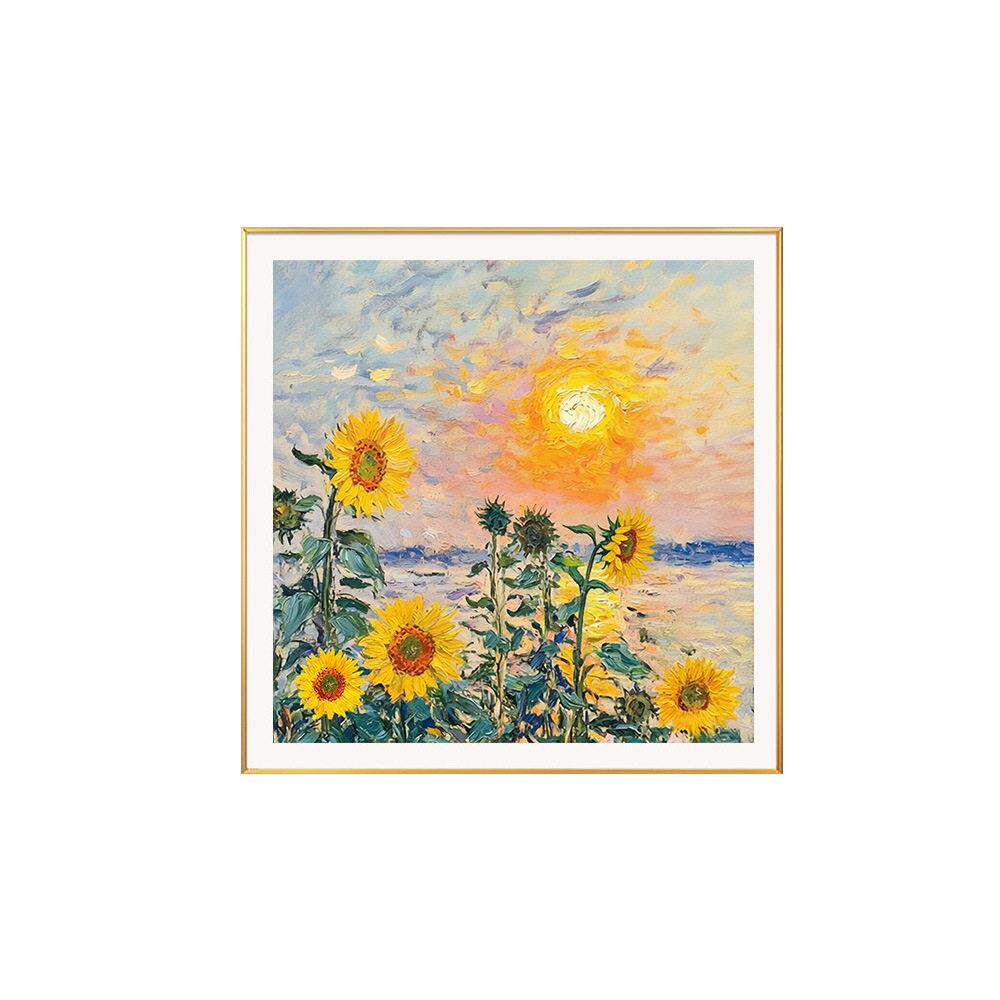 《向阳而歌》莫奈纯手绘油画向日葵帆船中古风挂画餐厅组合装饰画