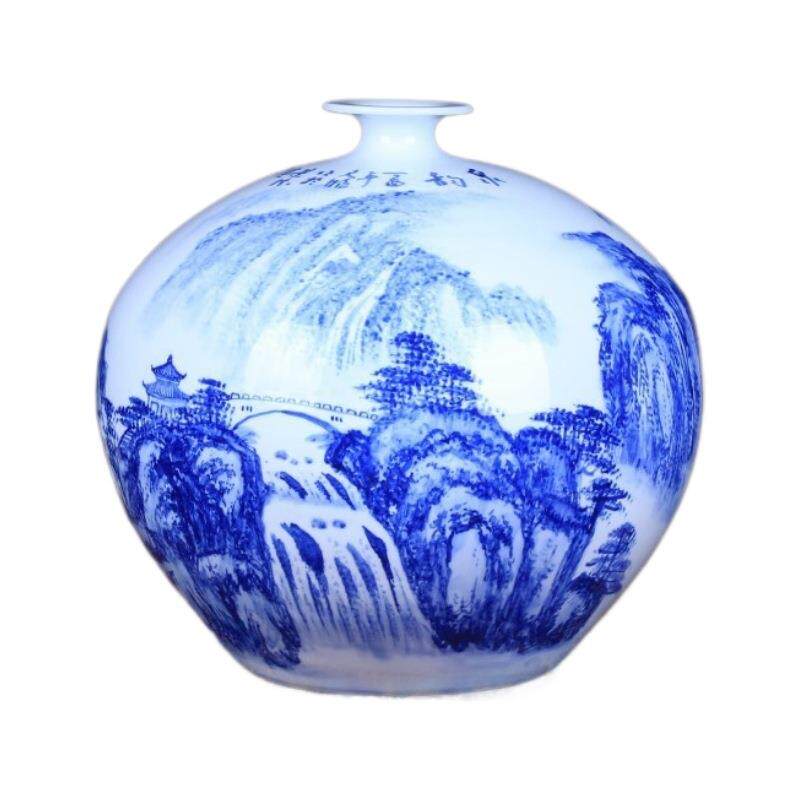 景德镇陶瓷器手绘青花瓷花瓶牡丹石榴瓶客厅摆件收藏证书