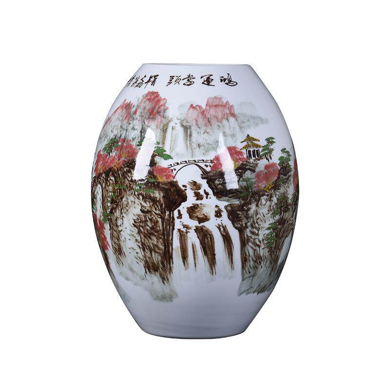 景德镇陶瓷花瓶插花客厅装饰品手绘五彩山水新中式家居电视柜摆件