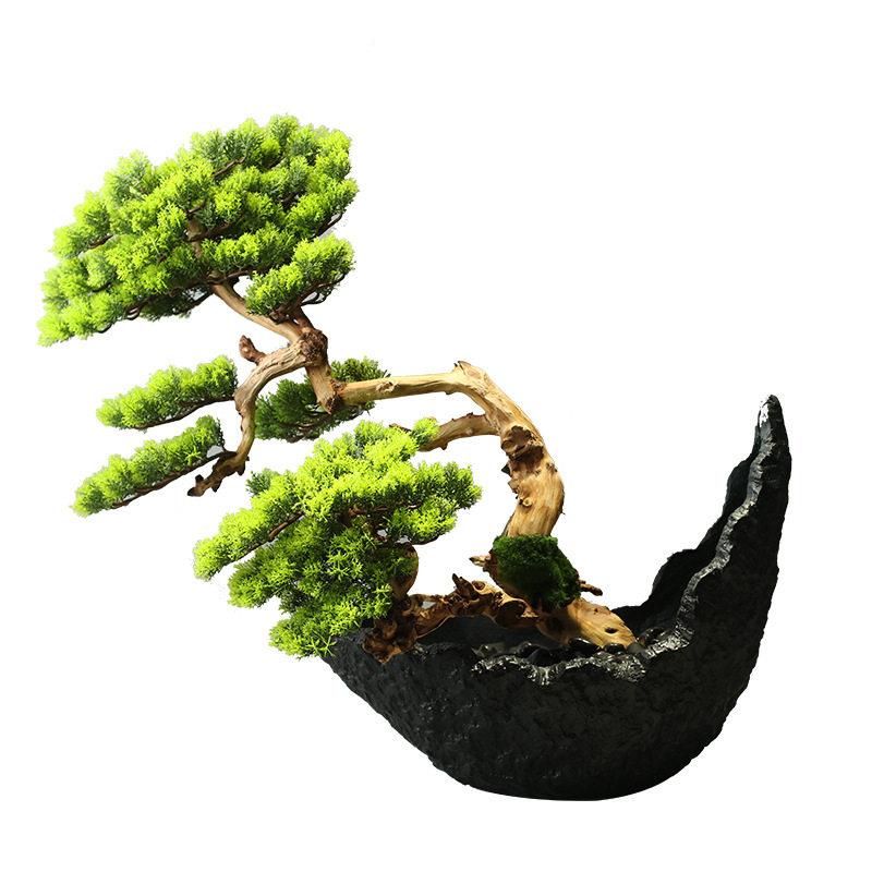 新中式仿真崖柏迎客松绿植盆景玄关前台花架样板间酒店会所摆件品
