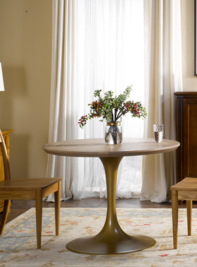 实木圆餐桌美式北欧欧式轻奢简约圆桌小户型吃饭桌子原木水曲柳