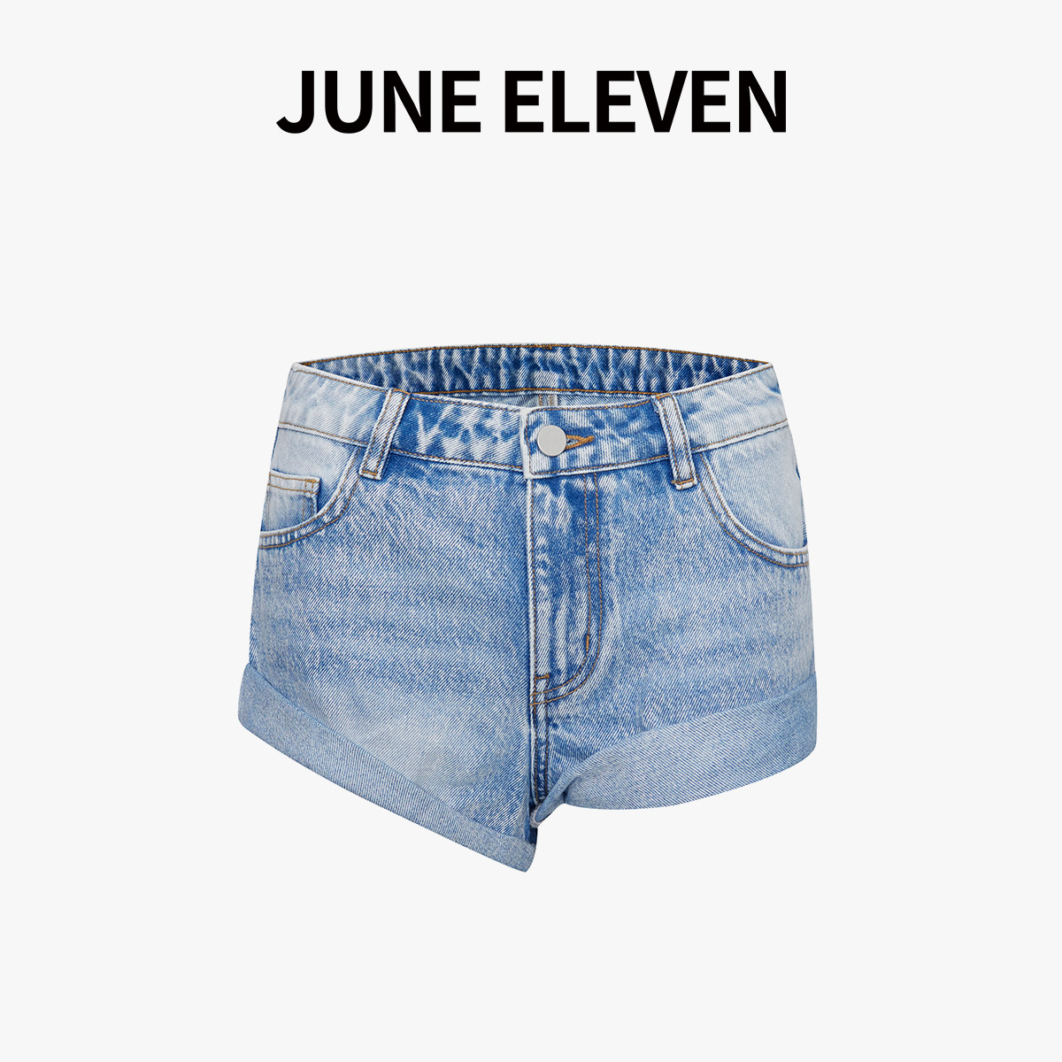 june eleven新款牛仔短裤女卷边裤简约百搭浅蓝色