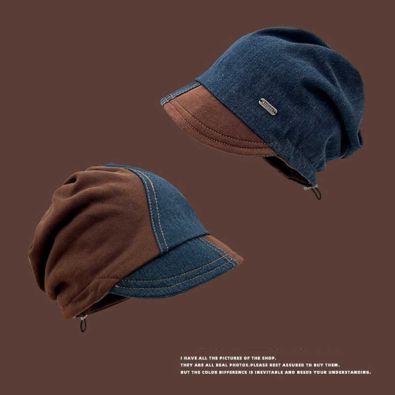 2025新款废土风牛仔拼接小檐抽绳堆堆帽子女日系复古冷帽包头帽男
