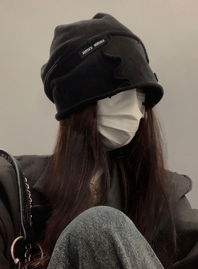 卷边堆堆帽女秋冬季日系宽松大头围冷帽韩版百搭显脸小黑色帽子潮