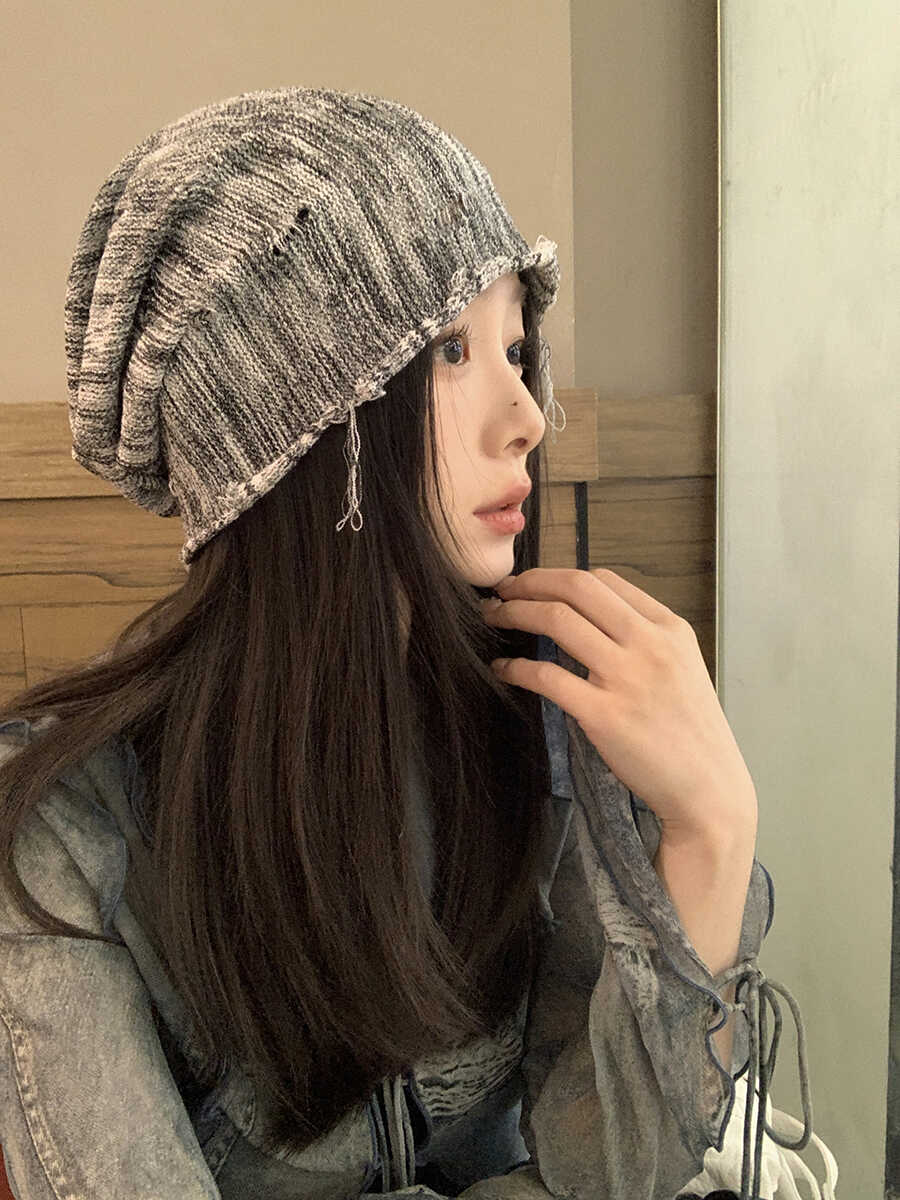 废土风渐变针织破洞堆堆帽女春夏街头复古慵懒风扎染百搭产后冷帽