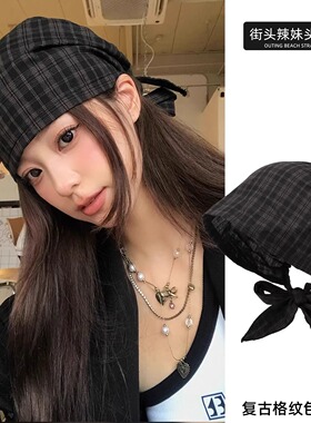美式复古格纹绑带包头帽子女甜酷辣妹包头巾街头嘻哈时尚套头冷帽