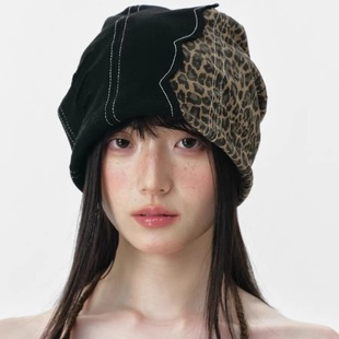 街头时髦豹纹拼贴包头帽子女春秋韩版 日系百搭显脸小套头帽冷帽潮