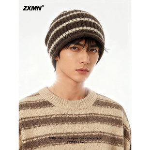 ZXMN 条纹毛绒针织堆堆帽女秋冬季百搭大头围显脸小保暖毛线帽子